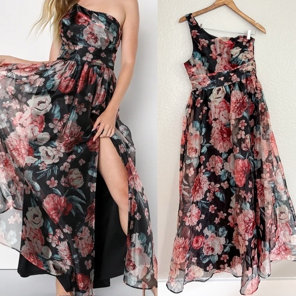 Lulus Dresses & Skirts - NWOT Bringing the Charm Black Floral Organza One-Shoulder Maxi Dress